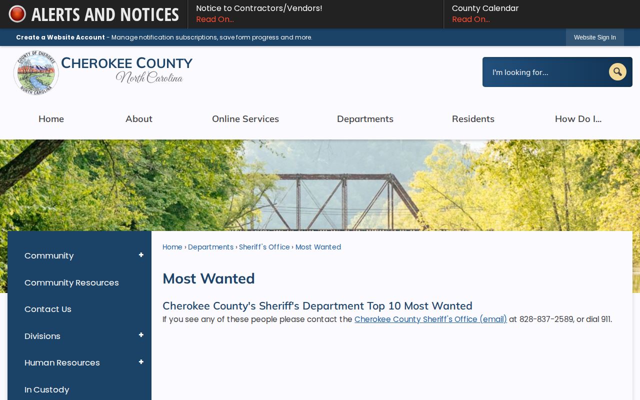 Cherokee County Sheriff official Most Wanted page