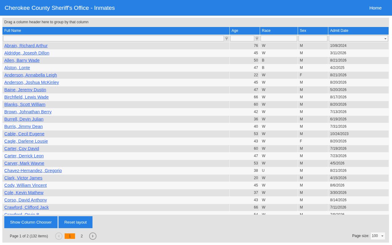 Cherokee County official current inmate booking-record interface